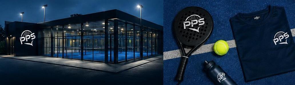 PPS padel club at night and PPS branded racket, ball and kit